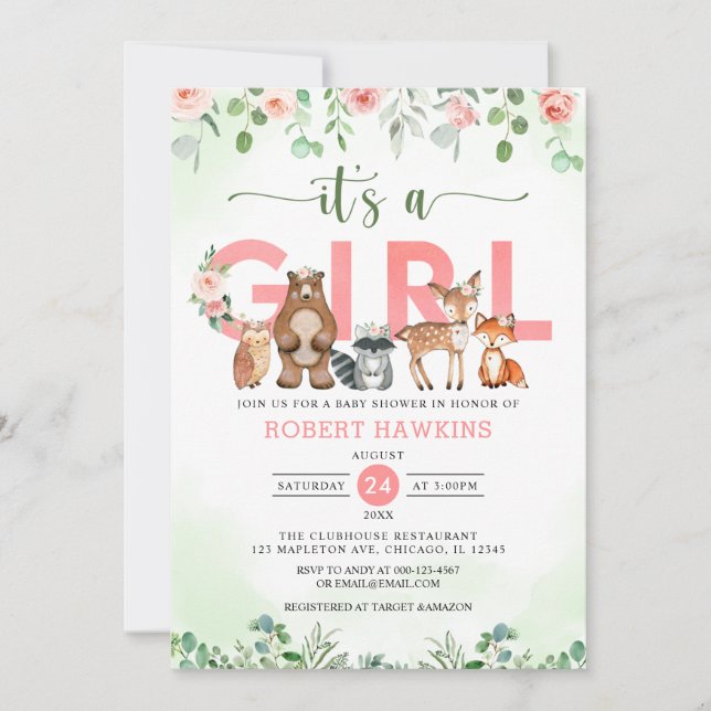 It's A Girl Forest Woodland Animals baby shower Invitation (Front)