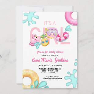It's a Girl Fun Summer Tropical Pool Baby Shower Invitation