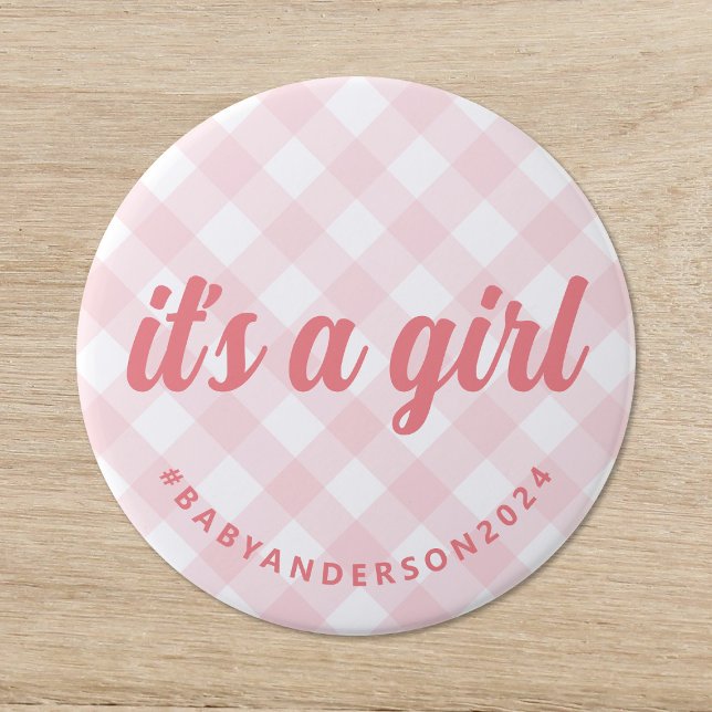 It's a Girl Gingham Baby Shower 7.5 Cm Round Badge (Creator Uploaded)