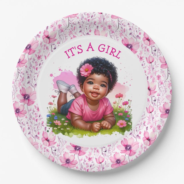 It's a Girl |  Girl's Floral Baby Shower  Paper Plate (Front)