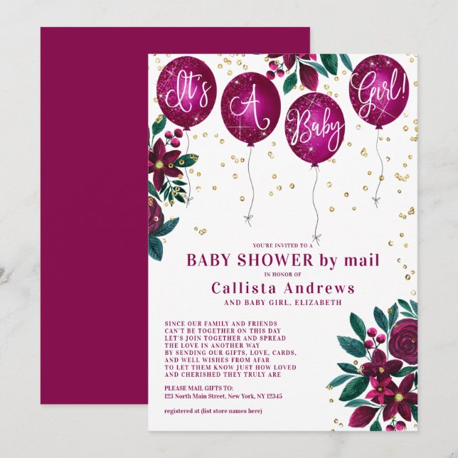 It's a Girl Glitter Balloons Floral Baby Shower Invitation (Front/Back)
