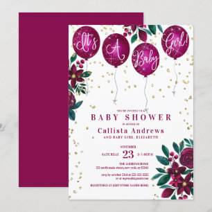It's a Girl Glitter Balloons Floral Baby Shower Invitation