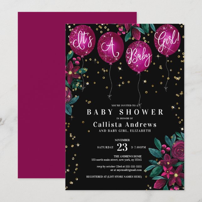 It's a Girl Glitter Balloons Floral Baby Shower Invitation (Front/Back)