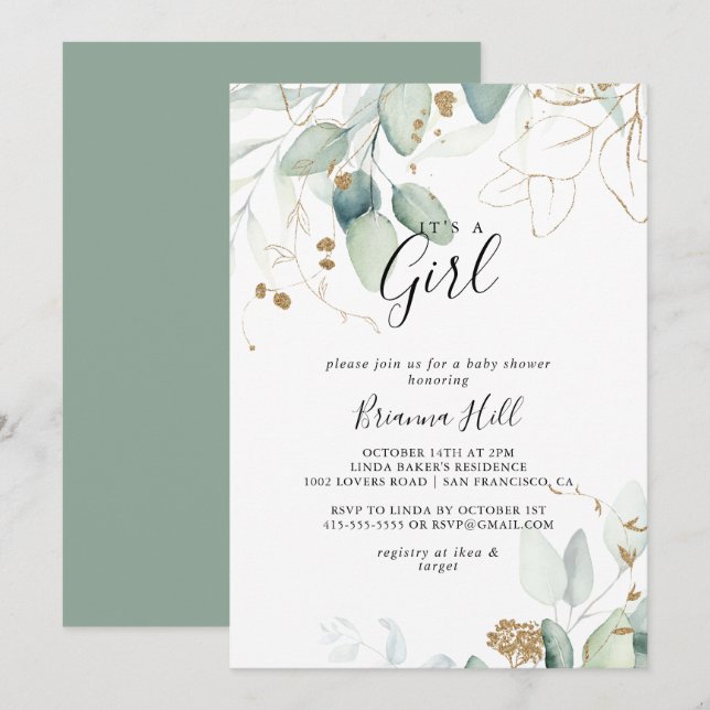 It's A Girl  Gold Eucalyptus Baby Shower  Invitation (Front/Back)
