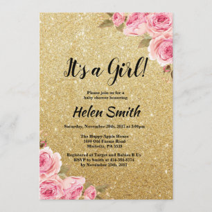 It's A Girl Gold Glitter Floral Baby Shower Invitation