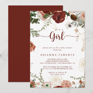 It's A Girl Gold Rustic Floral Baby Shower  Invitation