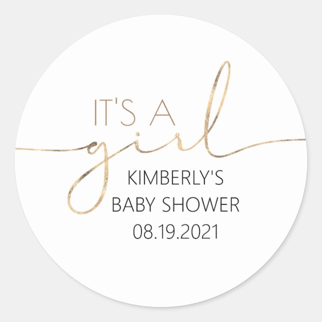 It's A Girl Gold Script Baby Shower Classic Round Sticker (Front)
