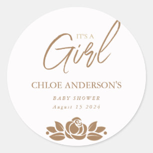 Its A Girl Gold White Floral Baby Shower Classic Round Sticker