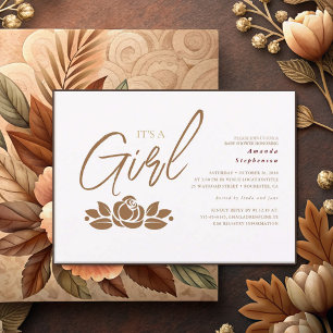 Its A Girl Gold White Floral Baby Shower Invitation