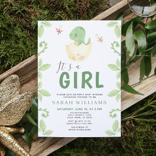 It's a Girl Green Dinosaur Watercolor Baby Shower Invitation