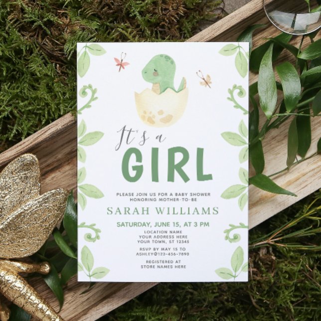 It's a Girl Green Dinosaur Watercolor Baby Shower Invitation (Get ready for a Jurassic celebration with our adorable dinosaur baby shower invitations! 🦕)