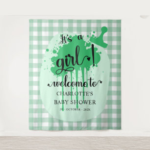 It's a Girl! Green Gingham Baby Shower Backdrop Tapestry