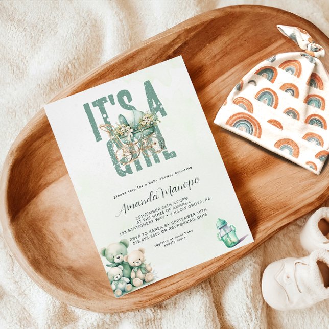 It's a Girl Green Snow Watercolor Baby Shower Invitation (Creator Uploaded)