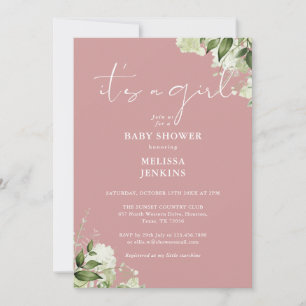 Its A Girl Greenery Dusty Rose Baby Shower Invitation