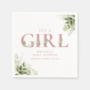 Its A Girl Greenery Dusty Rose Letter Baby Shower Napkin