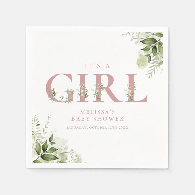 Its A Girl Greenery Dusty Rose Letter Baby Shower Napkin (Front)