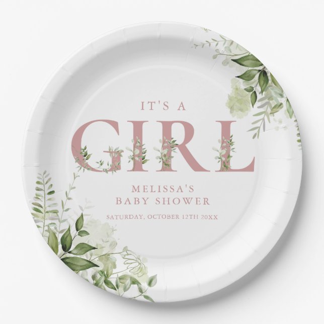 Its A Girl Greenery Dusty Rose Letter Baby Shower Paper Plate (Front)