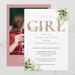 Its A Girl Greenery Dusty Rose Photo Baby Shower Invitation