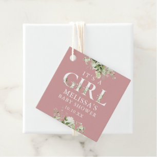 Its A Girl Greenery Dusty Rose Pink Baby Shower Favour Tags
