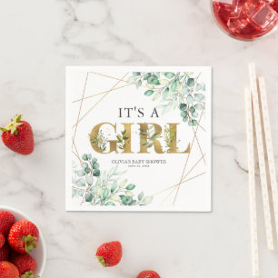 Its a Girl Greenery Eucalyptus Gold Baby Shower Napkin