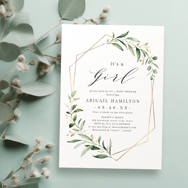 It's a Girl Greenery Gold Geometric Baby Shower Invitation (It's a Girl Greenery Gold Geometric Baby Shower Invitation)