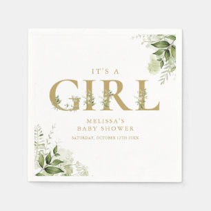 Its A Girl Greenery Gold Letter Baby Shower Napkin