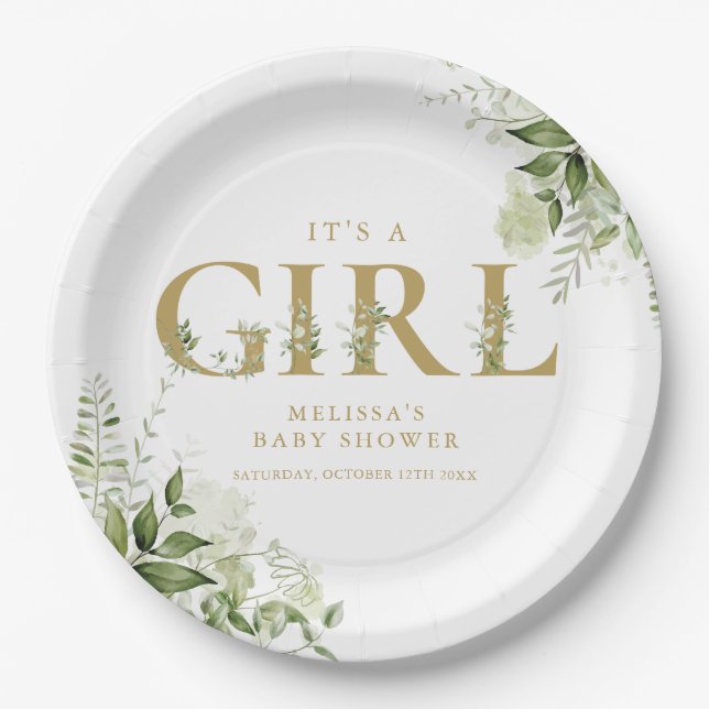 Its A Girl Greenery Gold Letter Baby Shower Paper Plate (Front)