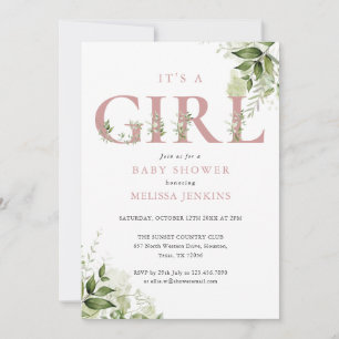 Its A Girl Greenery Pink All In One Baby Shower In Invitation