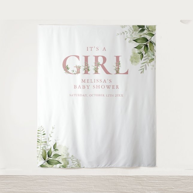 Its A Girl Greenery Pink Baby Shower Photo Prop Tapestry (Front)