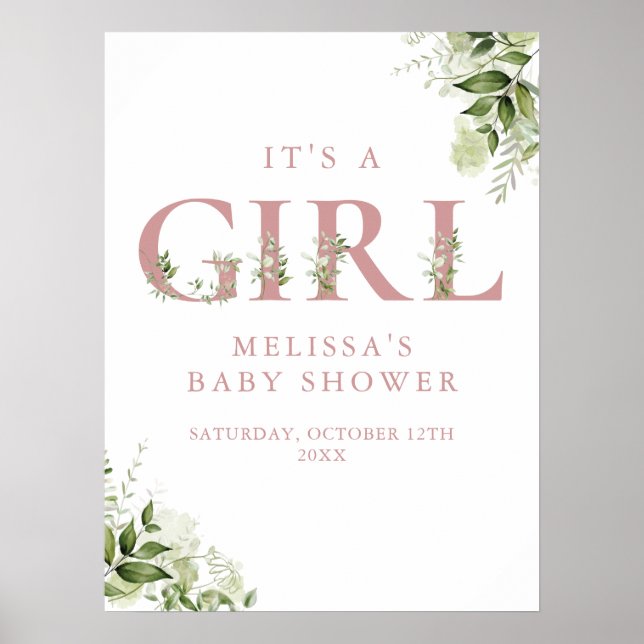 Its A Girl Greenery Pink Baby Shower Sign (Front)