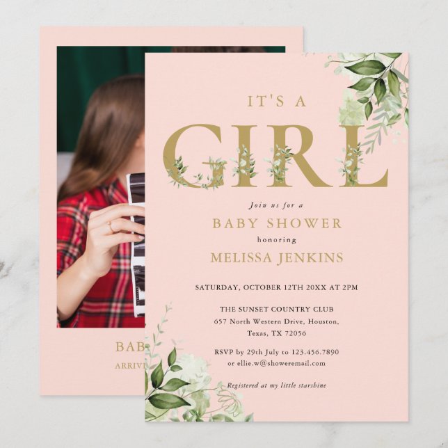 Its A Girl Greenery Pink Gold Photo Baby Shower Invitation (Front/Back)