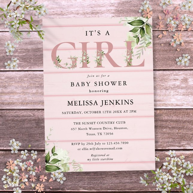 Its A Girl Greenery Pink Rustic Wood Baby Shower Invitation (Its A Girl Greenery Pink Rustic Wood Baby Shower Invitation)
