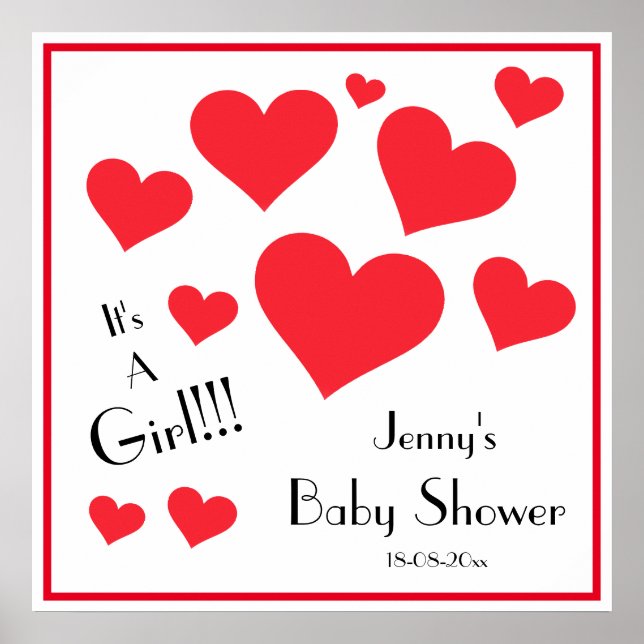 It's A Girl! Happy Red Hearts Custom Baby Shower Poster (Front)