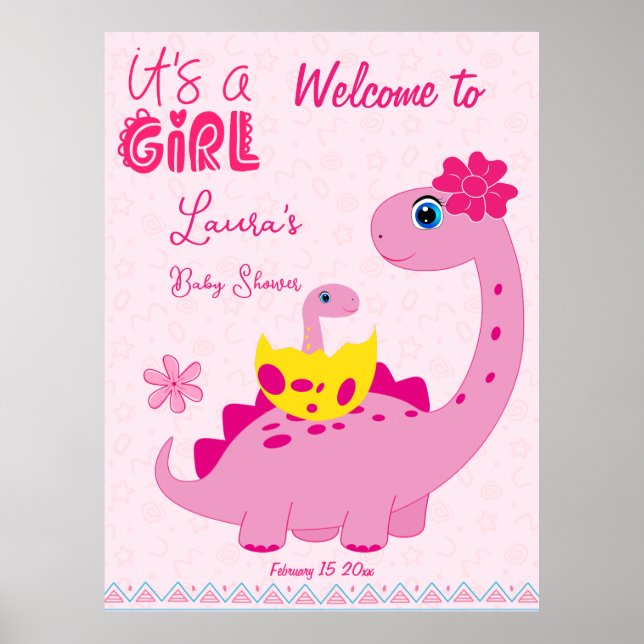 It's a girl hatching soon dinosaur mom baby shower poster (Front)