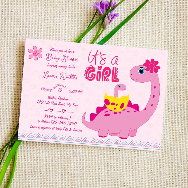 It's a girl hatching soon dinosaur mum baby shower invitation (Creator Uploaded)