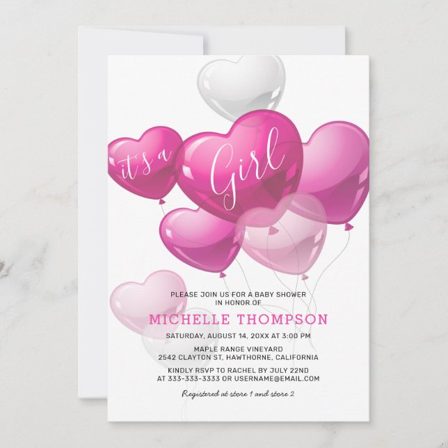 It's a Girl Heart Balloon Baby Shower Invitation (Front)