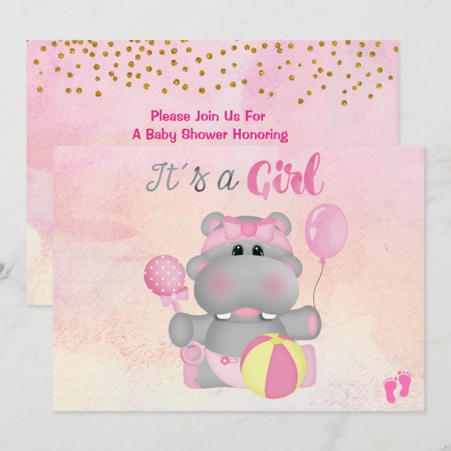 It's a Girl Hippo Baby Shower Invitation (Front/Back)