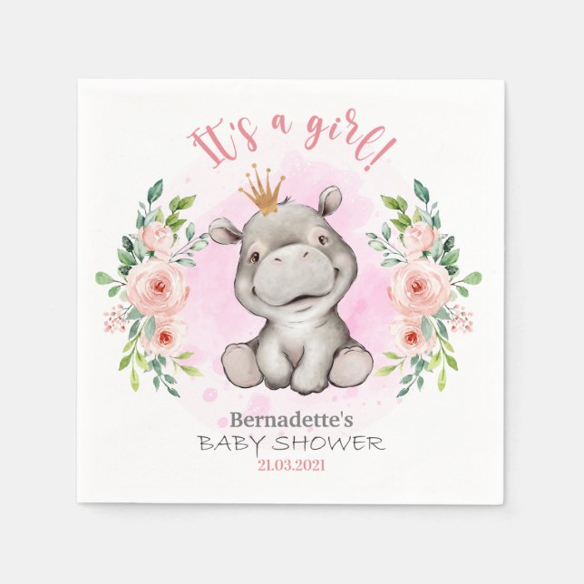 It's a girl Hippo Baby Shower Napkins (Front)