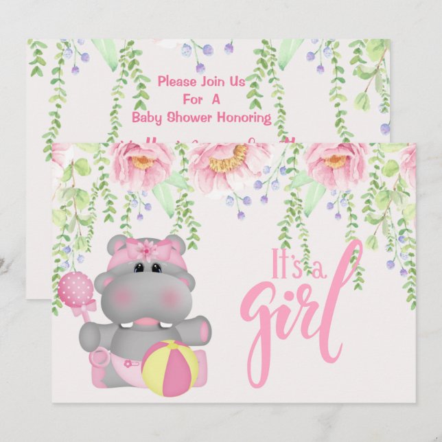 It's a Girl Hippo Floral Baby Shower Invitation (Front/Back)