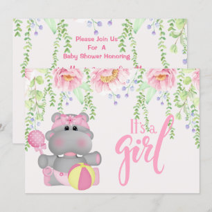 It's a Girl Hippo Floral Baby Shower Invitation