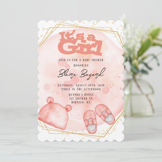 It's A Girl in Pink Coral And Gold Baby Shower Invitation (Standing Front)