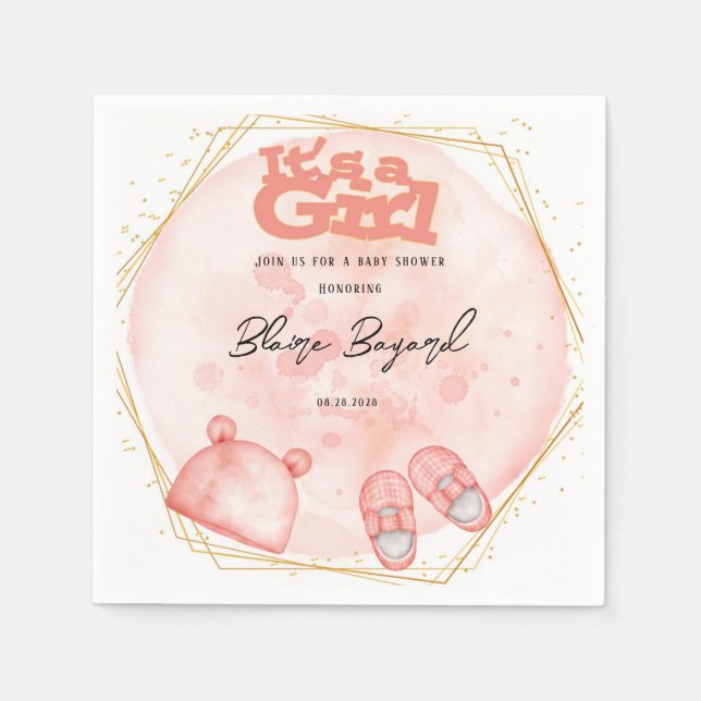 It's A Girl in Pink Coral And Gold Baby Shower Napkin (Front)