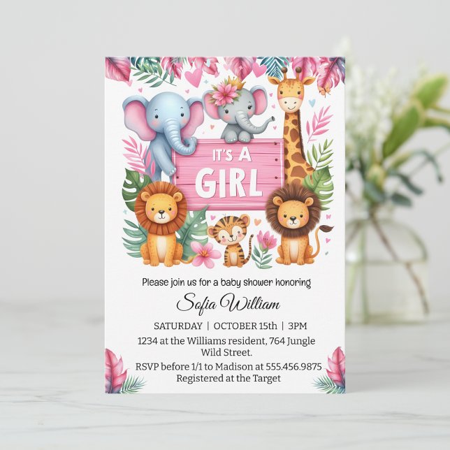 It's a girl jungle safari animals baby girl shower invitation (Creator Uploaded)