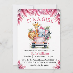 It's a girl jungle safari animals baby shower invitation
