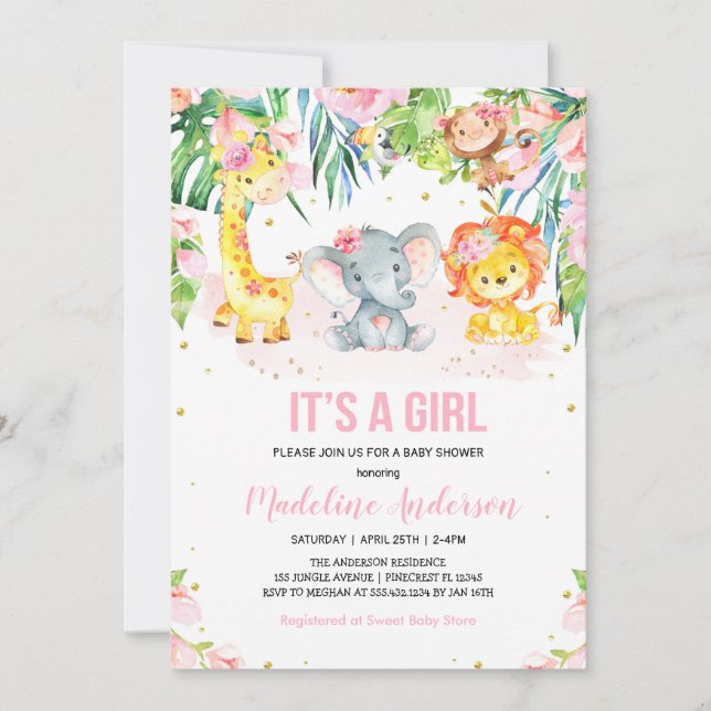 It's a Girl Jungle Safari Pink floral Baby Shower Invitation (Front)