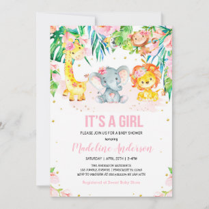 It's a Girl Jungle Safari Pink floral Baby Shower Invitation