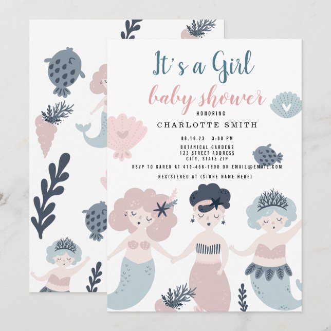 Its a Girl Little mermaid Baby shower Invitation (Front/Back)