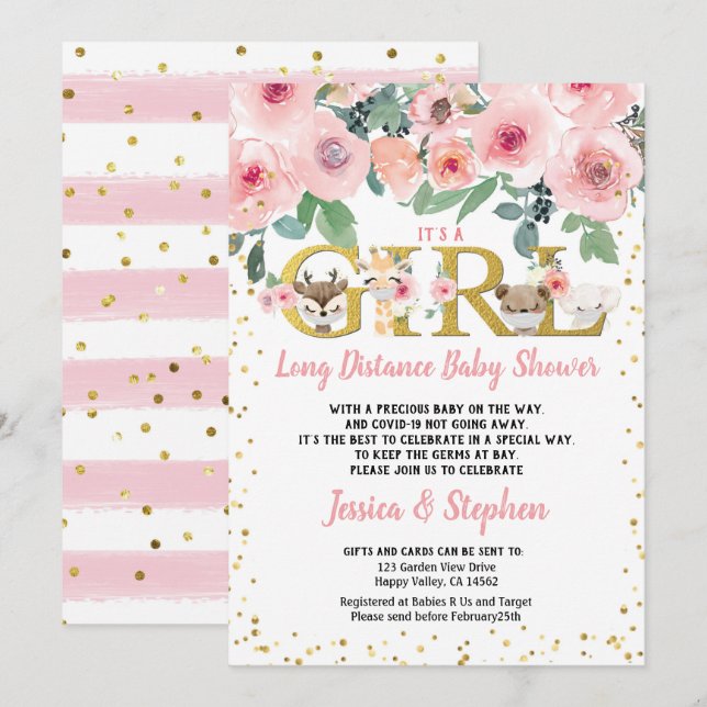 It's a Girl Long Distance Baby Shower Woodland Invitation (Front/Back)
