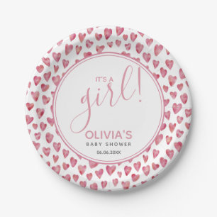 It's A Girl Love Heart Baby Shower Paper Plate