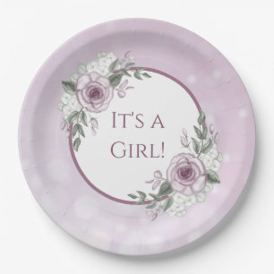 It's a Girl, Mauve Roses Baby Shower Paper Plate